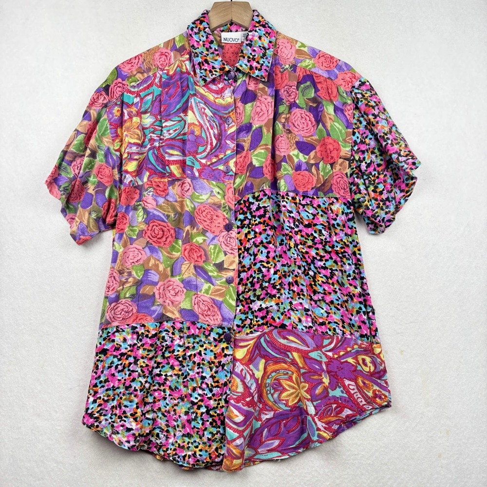 Nuovo‎ Rayon Blouse Womens M Patchwork Floral Paisley Boho Eclectic - Picture 2 of 9